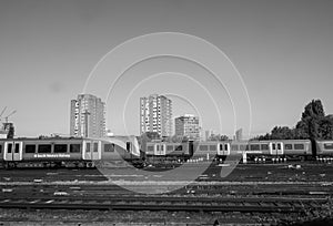 South West Railway train in London, black and white