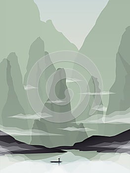 Southeast Asia landscape vector illustration with rocks, cliffs and sea. China or Vietnam tourism promotion.