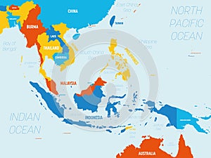 Southeast Asia map - 4 bright color scheme. High detailed political map of southeastern region with country, ocean and