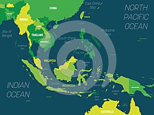 Southeast Asia map - green hue colored on dark background. High detailed political map of southeastern region with