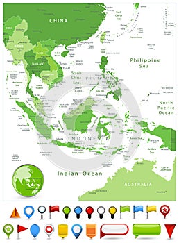 Southeast Asia Map Spot Green Colors and glossy icons