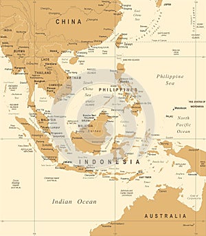 Southeast Asia Map - Vintage Vector Illustration