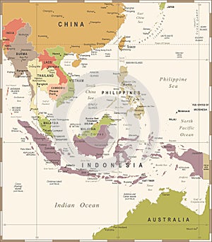 Southeast Asia Map - Vintage Vector Illustration