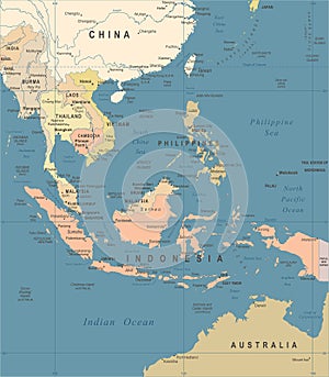Southeast Asia Map - Vintage Vector Illustration