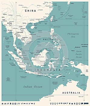 Southeast Asia Map - Vintage Vector Illustration