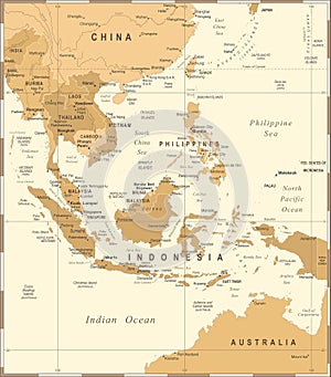 Southeast Asia Map - Vintage Vector Illustration