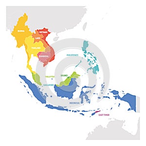 Southeast Asia Region. Colorful map of countries in southeastern Asia. Vector illustration