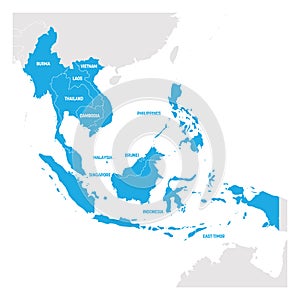 Southeast Asia Region. Map of countries in southeastern Asia. Vector illustration