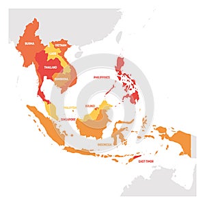 Southeast Asia Region. Map of countries in southeastern Asia. Vector illustration