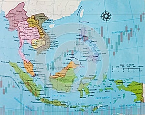 Southeast Asia with stock or currency graphic. Suitable for economic illustration.
