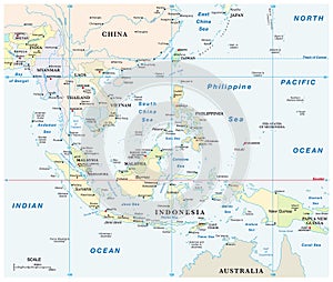 Southeast asia vector map with coordinates and scale