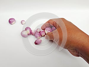 Southeast Asian man's right hand holding peeled shallots on white background. Allium cepa (onion) isolated white.