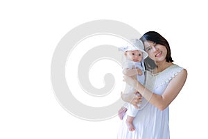 Southeast Asian mother and daughter wearing white dress. New born is 3 months old. Mom is holding her newborn.