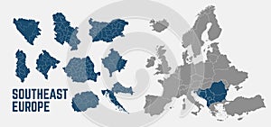 Southeast Europe map. Balkans map Serbia, Croatia, Bulgaria, North Macedonia, Romania, Albania maps with regions.