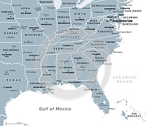 Southeast Region, the South of the United States, gray political map