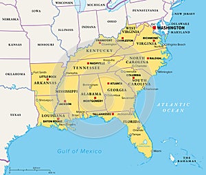 Southeast Region, the South of the United States, political map