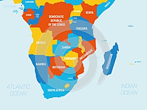 Southern Africa map - 4 bright color scheme. High detailed political map of southern african region with country, ocean