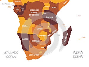 Southern Africa map - brown orange hue colored on dark background. High detailed political map of southern african