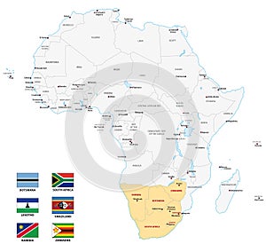 Southern africa map with flags