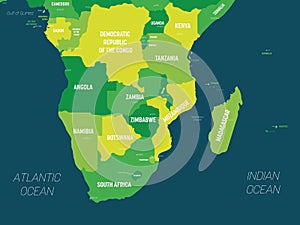 Southern Africa map - green hue colored on dark background. High detailed political map of southern african region with