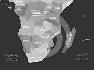 Southern Africa map - grey colored on dark background. High detailed political map of southern african region with