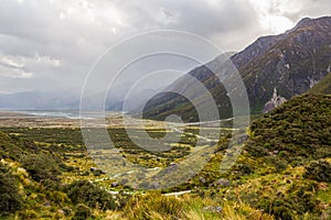 Southern Alps. Mountains to the very clouds. South Island, New Zealand