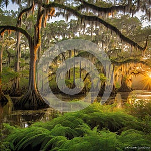 Southern Bayou Swamp with Bald Cypress Trees and Spanish Moss at Stunning Scenic Landscape