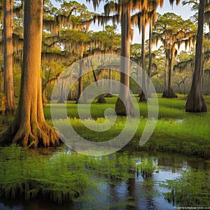 Southern Bayou Swamp with Bald Cypress Trees and Spanish Moss at Stunning Scenic Landscape