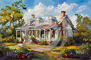 Southern Colonial Style House (Oil Painting)