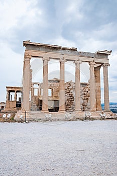 The Southern facade of Erechtheion or Erechtheum temple honoring Athena & Poseidon on Acropolis hill with a porch with 6 caryatids