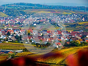 Southern german landscape in fantastic autumn colors and a farming village