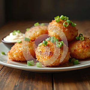 Southern hushpuppies served on plate with green onion garnish and creamy dip. Delicious golden fried snack, appetizer. Classic photo