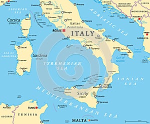 Southern Italy, also known as Meridione or Mezzogiorno, political map