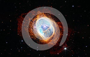 Southern Ring Nebula. Space collage from newest cosmic telescope. James webb telescope research of galaxies. Landscapes