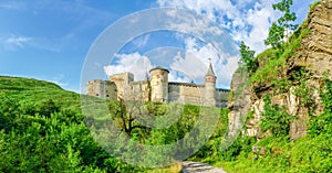 Southern side of medieval Kamianets-Podilskyi fortress from canyon, Ukraine