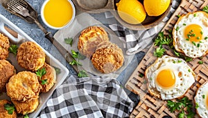 Southern Style Breakfast with Fried Eggs, Golden Brown Hushpuppies, and Fresh Squeezed Lemon Juice photo