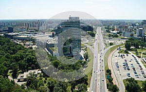 Southern suburb of the city, modern commercial and residential district, view from the observation deck of the SNP Bridge, Bratisl