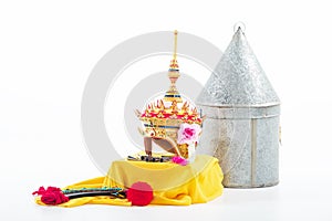 The Southern thai classical crown and accessory put on yellow cloth,on white background