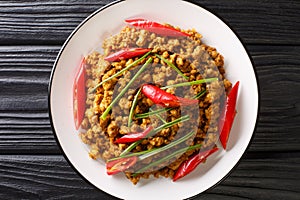 Southern Thai Khua Kling Pork curry close up in the plate. Horizontal top view photo