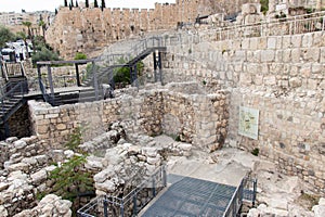 Southern wall of the Temple Mount. Archaeological Park in the old city of Jerusalem.