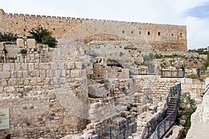 Southern wall of the Temple Mount. Archaeological Park in the old city of Jerusalem.