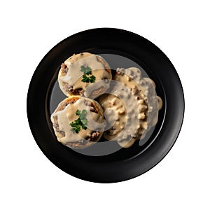 Southernstyle Biscuits And Gravy On Black Smooth Round Plate On Isolated Transparent Background U.S. Dish. Generative AI