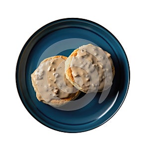 Southernstyle Biscuits And Gravy On Blue Smooth Round Plate On Isolated Transparent Background U.S. Dish. Generative AI