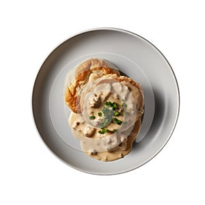 Southernstyle Biscuits And Gravy On White Smooth Round Plate On Isolated Transparent Background U.S. Dish. Generative AI