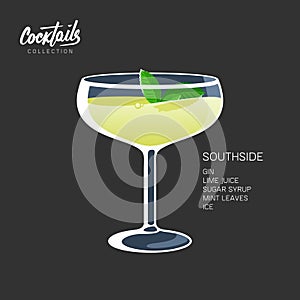 Southside mint leaves cocktail glass lime drink illustration