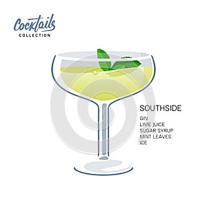 Southside mint leaves cocktail glass lime drink illustration