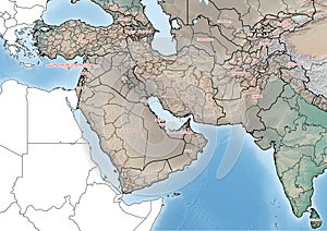 Southwest Asia continent Illustration with countries with their subregions
