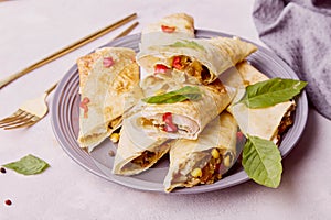 Southwest Chicken Egg Rolls wirh corn, red bell peppers, jalapenos, black beans, cheese, chicken, sweet and spicy