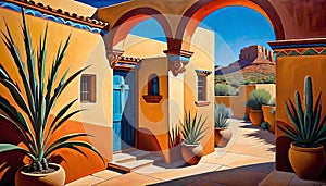 Southwest desert spanish stucco home front entrance courtyard