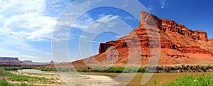 Southwest Landscape Panorama of Colorado River and Sandstone Butte near Moab, Utah, USA